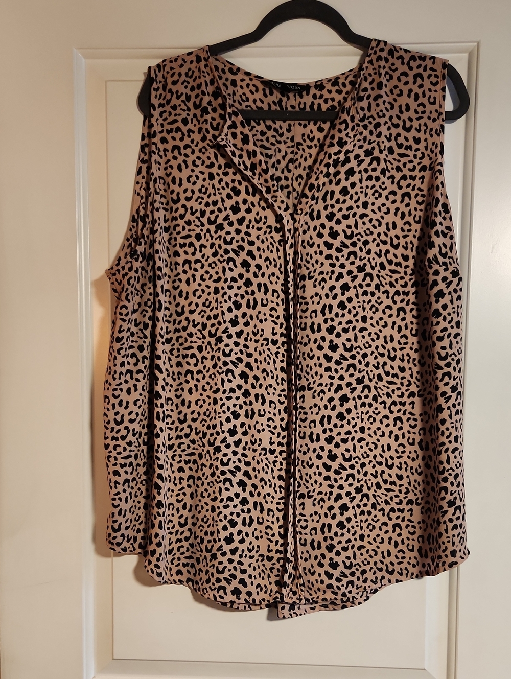 41 Hawthorn Taupe and Black Leopard Cold-Shoulder Blouse
